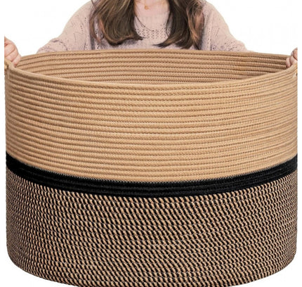 Cotton Dori 16x14 Inch Storage Basket For Clothes (Beige-Beige Black)