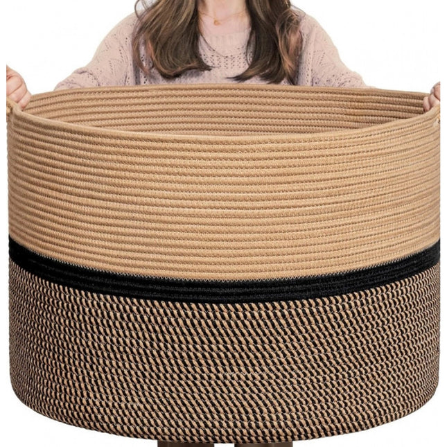 Cotton Dori 16x14 Inch Storage Basket For Clothes (Beige-Beige Black)