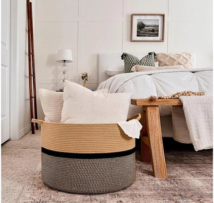 Cotton Dori 16x14 Inch Storage Basket For Clothes (Beige-Beige Black)