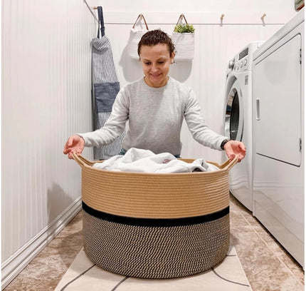 Cotton Dori 16x14 Inch Storage Basket For Clothes (Beige-Beige Black)