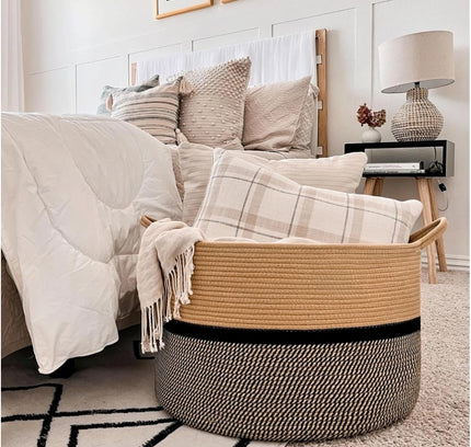 Cotton Dori 16x14 Inch Storage Basket For Clothes (Beige-Beige Black)