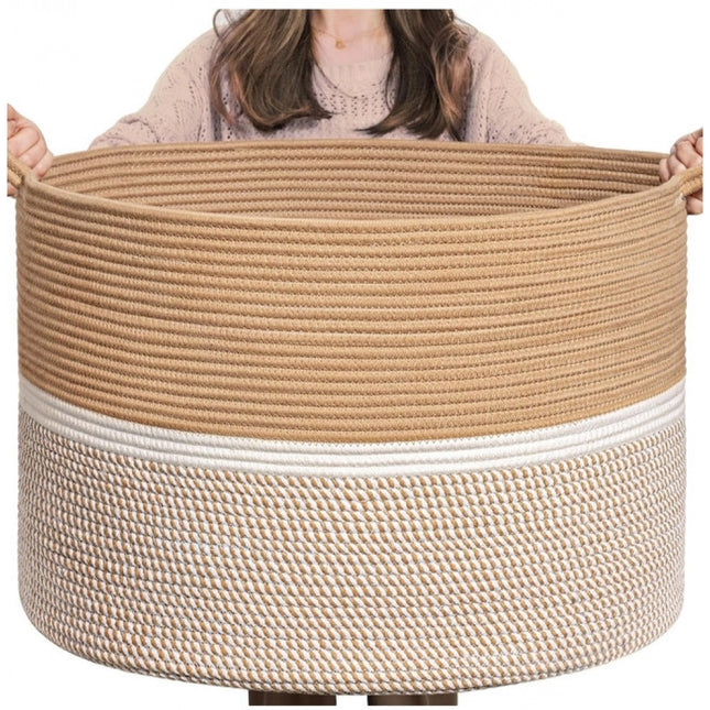 Cotton Dori 16x14 Inch Storage Basket For Clothes (Beige-Beige White)