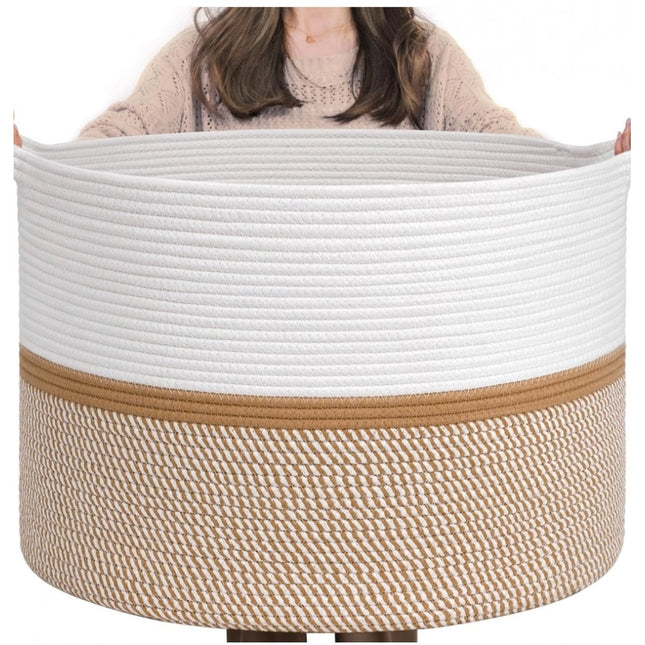 Cotton Dori 16x14 Inch Storage Basket For Clothes (White-Beige White)