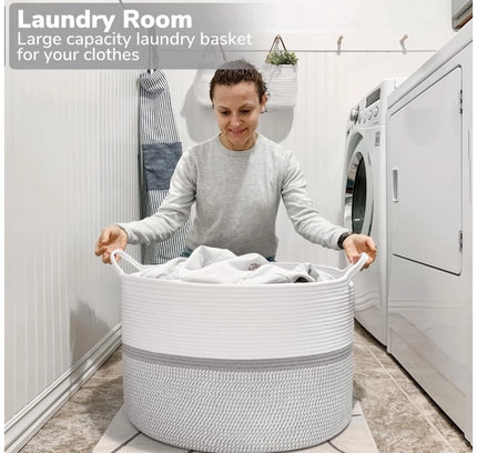 Cotton Dori 16x14 Inch Storage Basket For Clothes (White-Gray White)