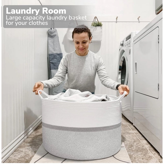 Cotton Dori 16x14 Inch Storage Basket For Clothes (White-Gray White)