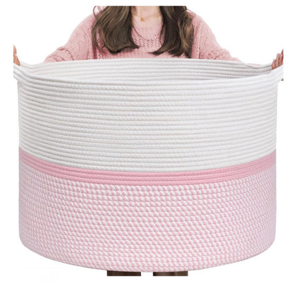 Cotton Dori 16x14 Inch Storage Basket For Clothes (White-Pink White)
