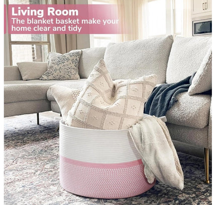 Cotton Dori 16x14 Inch Storage Basket For Clothes (White-Pink White)