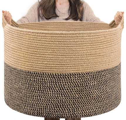 Cotton 16x14 Inch Pack of 1 Storage Basket For Clothes (Beige- Beige Black)