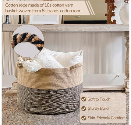 Cotton 16x14 Inch Pack of 1 Storage Basket For Clothes (Beige- Beige Black)