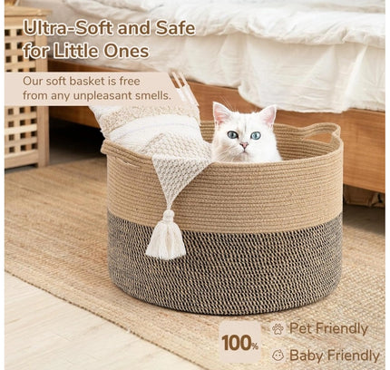 Cotton 16x14 Inch Pack of 1 Storage Basket For Clothes (Beige- Beige Black)