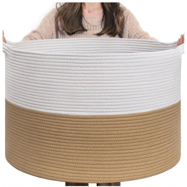 Cotton 16x14 Inch Pack of 1 Storage Basket For Clothes (Beige-White)
