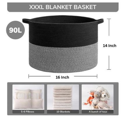 Cotton Kidi-16x14 Inch Pack of 1 Storage Basket For Clothes (Black-Black Kidi)