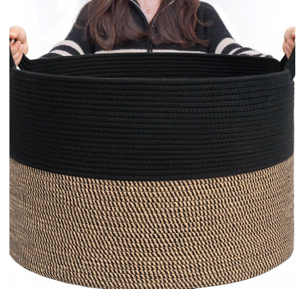 Cotton 16x14 Inch Pack of 1 Storage Basket For Clothes (Black- Beige Black)