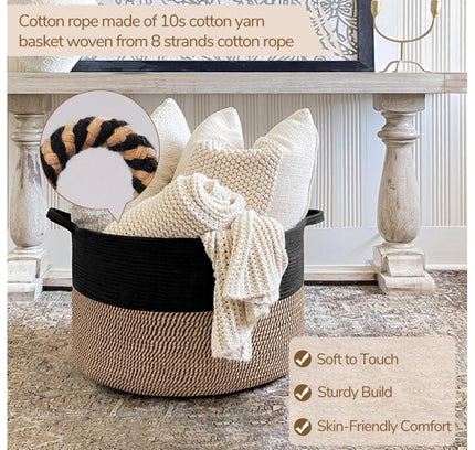 Cotton 16x14 Inch Pack of 1 Storage Basket For Clothes (Black- Beige Black)