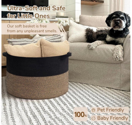 Cotton 16x14 Inch Pack of 1 Storage Basket For Clothes (Black- Beige Black)