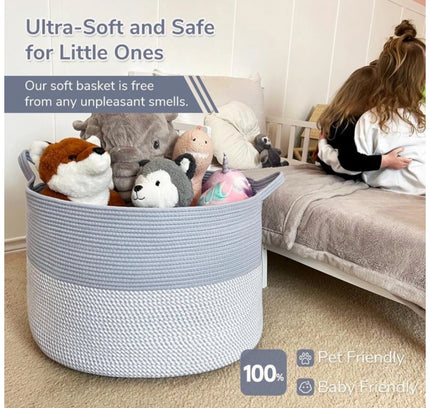 Cotton 16x14 Inch Pack of 1 Storage Basket For Clothes (Gray- Gray White)