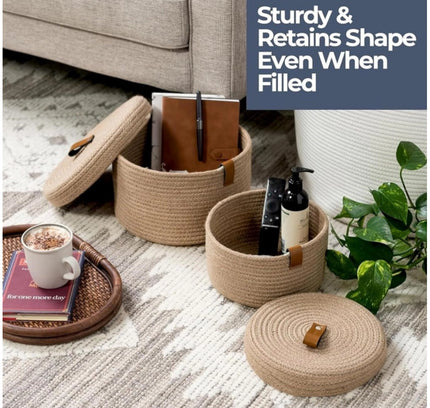 Cotton 3 Pcs Set Roti Box Storage Basket With Lid (Beige)