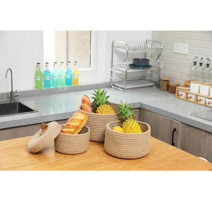 Cotton 3 Pcs Set Roti Box Storage Basket With Lid (Beige)