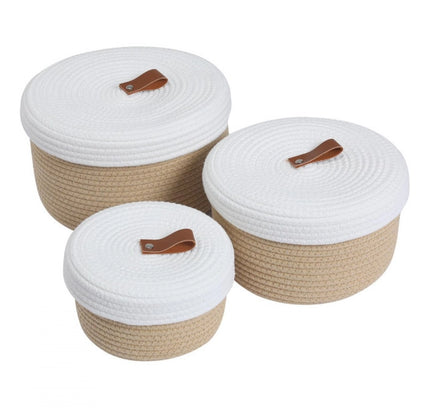 Cotton 3 Pcs Set Roti Box Storage Basket With Lid (Beige)