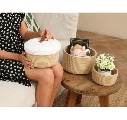 Cotton 3 Pcs Set Roti Box Storage Basket With Lid (Beige)