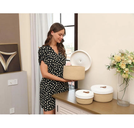 Cotton 3 Pcs Set Roti Box Storage Basket With Lid (Beige)