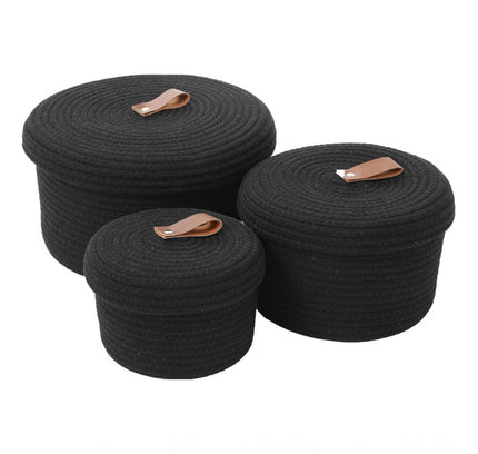 Cotton 3 Pcs Set Roti Box Storage Basket With Lid (Black)