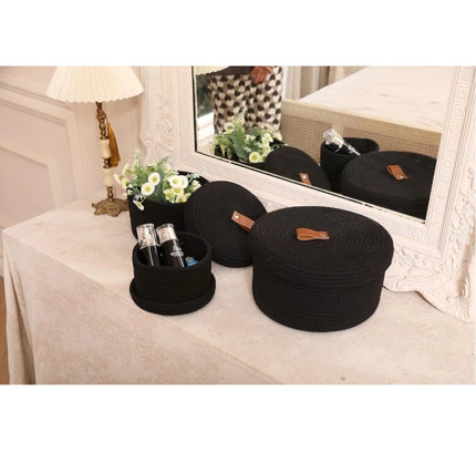 Cotton 3 Pcs Set Roti Box Storage Basket With Lid (Black)