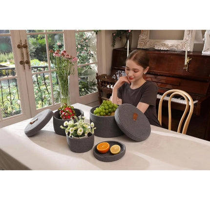 Cotton 3 Pcs Set Roti Box Storage Basket With Lid (Gray)