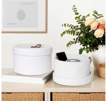 Cotton 3 Pcs Set Roti Box Storage Basket With Lid (White)