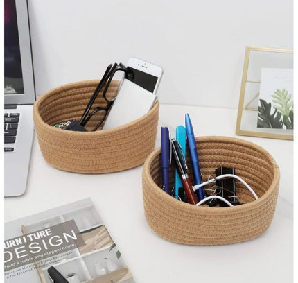 Cotton 8x3 Inch Round 2 Set Bedside Organizer (Beige)