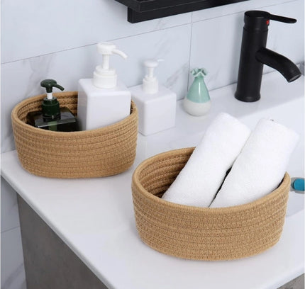 Cotton 8x3 Inch Round 2 Set Bedside Organizer (Beige)