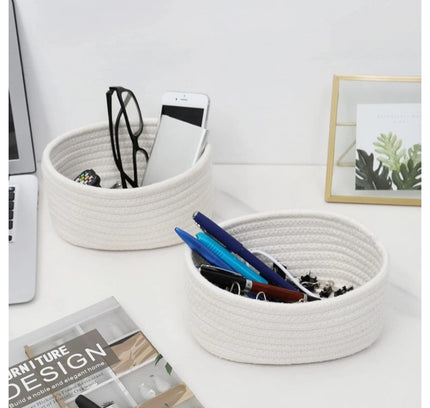 Cotton 8x3 Inch Round 2 Set Bedside Organizer (White)