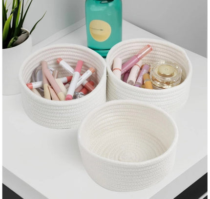 Cotton 8x3 Inch Round 3 Set Bedside Organizer (White)