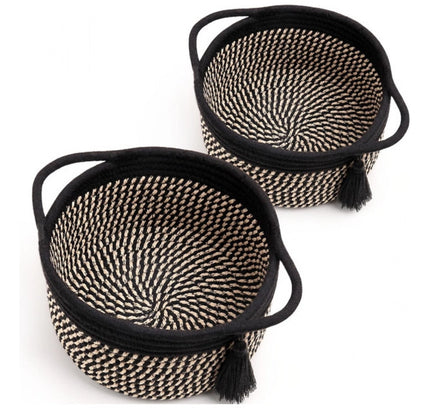 Cotton 8x4 Inch Round 2 Set With Jhalar Bedside Organizer (Black Beige)