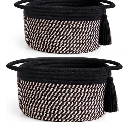 Cotton 8x4 Inch Round 2 Set With Jhalar Bedside Organizer (Black Beige)