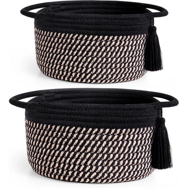 Cotton 8x4 Inch Round 2 Set With Jhalar Bedside Organizer (Black Beige)