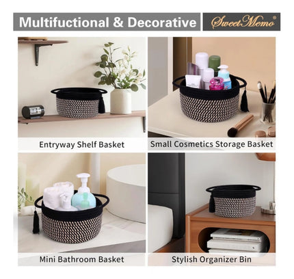 Cotton 8x4 Inch Round 2 Set With Jhalar Bedside Organizer (Black Beige)