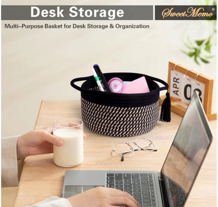 Cotton 8x4 Inch Round 2 Set With Jhalar Bedside Organizer (Black Beige)