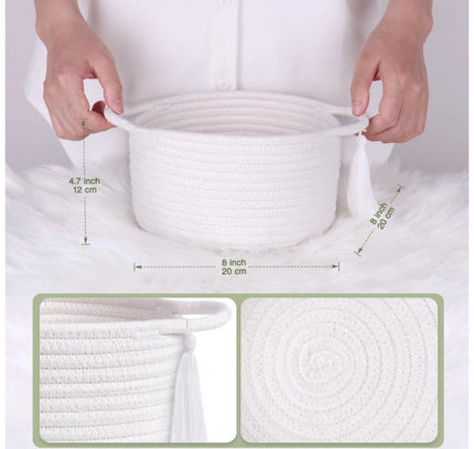 Cotton 8x4 Inch Round 2 Set With Jhalar Bedside Organizer (White)