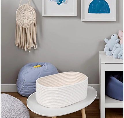 Cotton Oval 10x7x5 Inch Bedside Organizer (White)