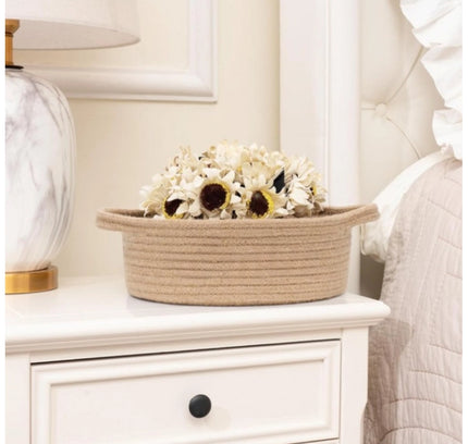 Cotton 8x3 Inch Round Bedside Organizer (Beige)