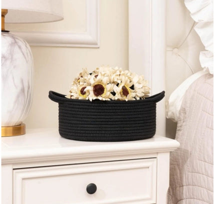 Cotton 8x3 Inch Round Bedside Organizer (Black)