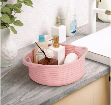 Cotton 8x3 Inch Round Bedside Organizer (Pink)