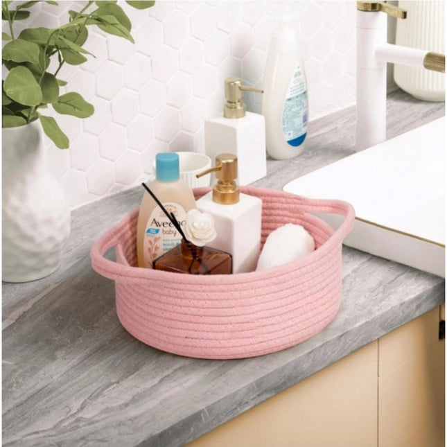Cotton 8x3 Inch Round Bedside Organizer (Pink)