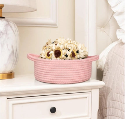 Cotton 8x3 Inch Round Bedside Organizer (Pink)
