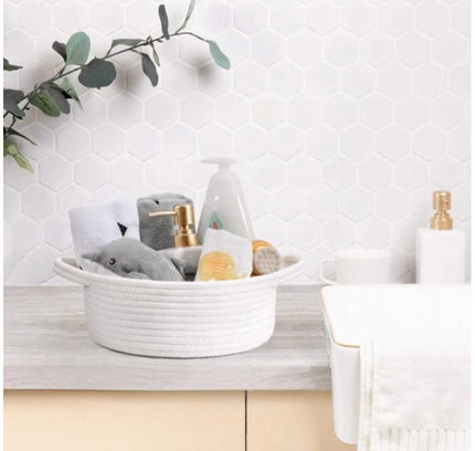 Cotton 8x3 Inch Round Bedside Organizer (White)