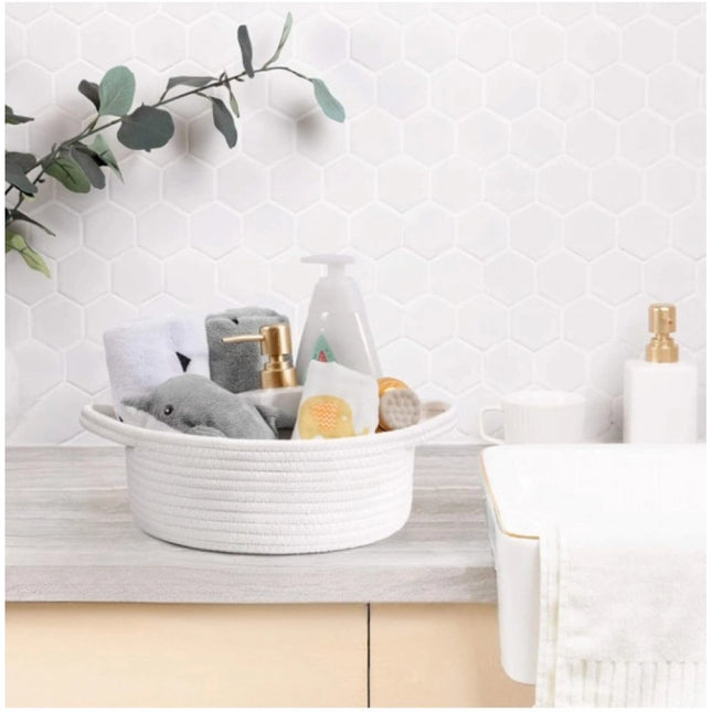 Cotton 8x3 Inch Round Bedside Organizer (White)