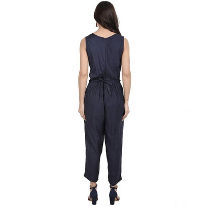 Women's Casual Crepe Sleeveless Jump Suit (Navy Blue)