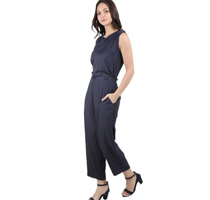 Women's Casual Crepe Sleeveless Jump Suit (Navy Blue)