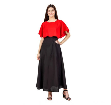 Women's Casual Crepe Sleeveless Cape Dress (Red)